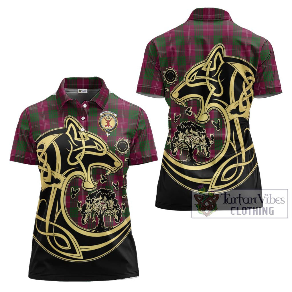 Crawford Tartan Women's Polo Shirt with Family Crest Celtic Wolf Style Women - Tartanvibesclothing Shop