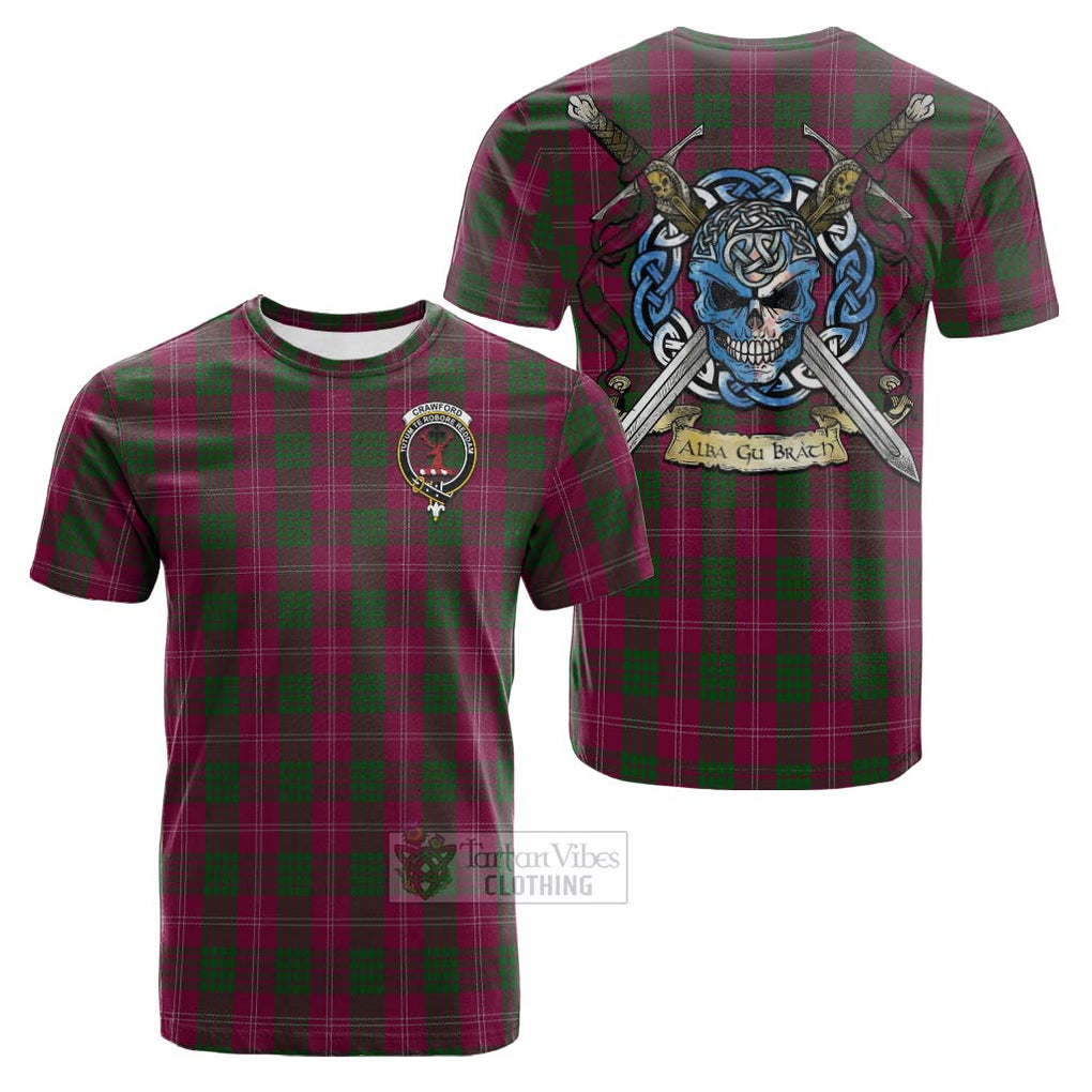 Tartan Vibes Clothing Crawford Tartan Cotton T-shirt with Family Crest Celtic Skull Style