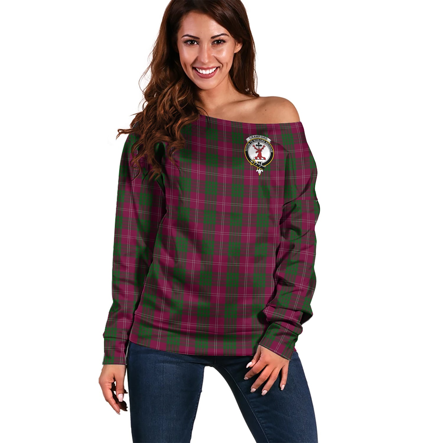 Crawford Tartan Off Shoulder Women Sweater with Family Crest Women - Tartanvibesclothing