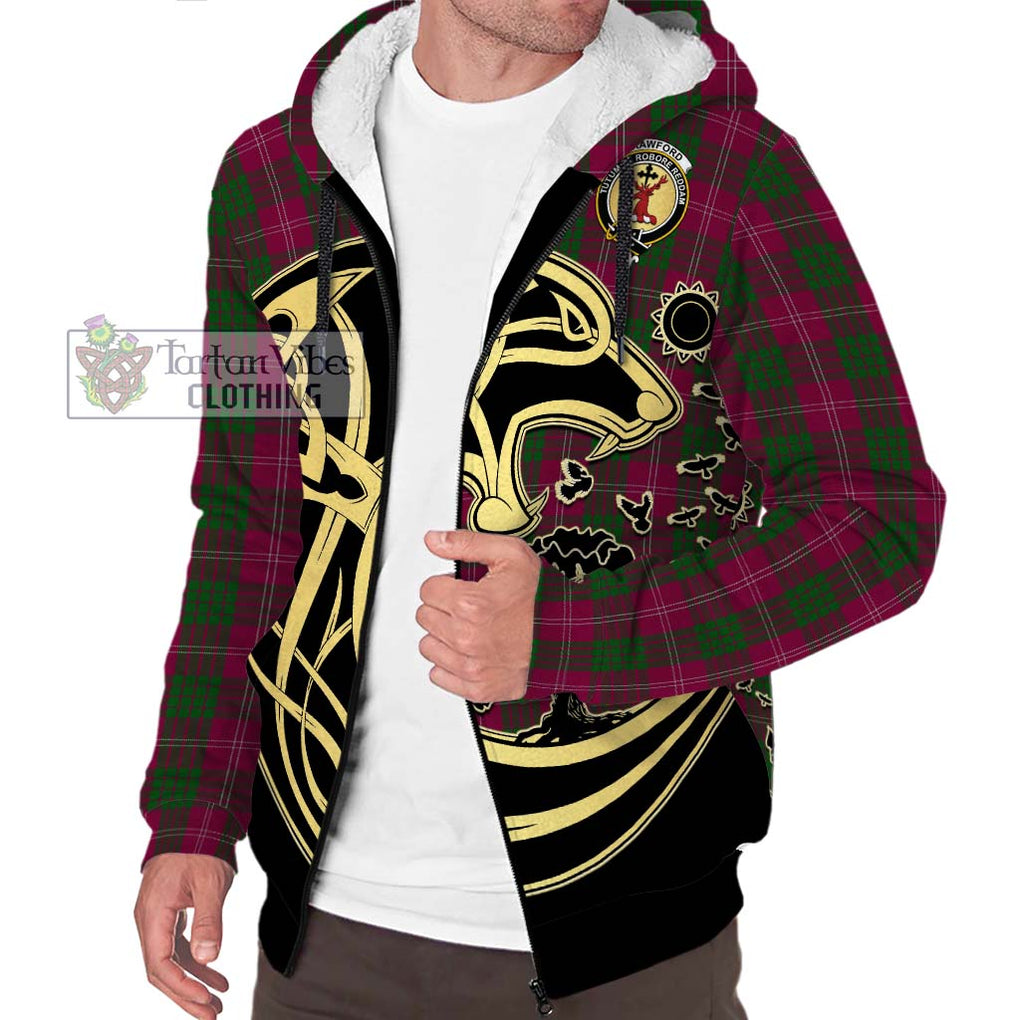Crawford Tartan Sherpa Hoodie with Family Crest Celtic Wolf Style Unisex S - Tartan Vibes Clothing