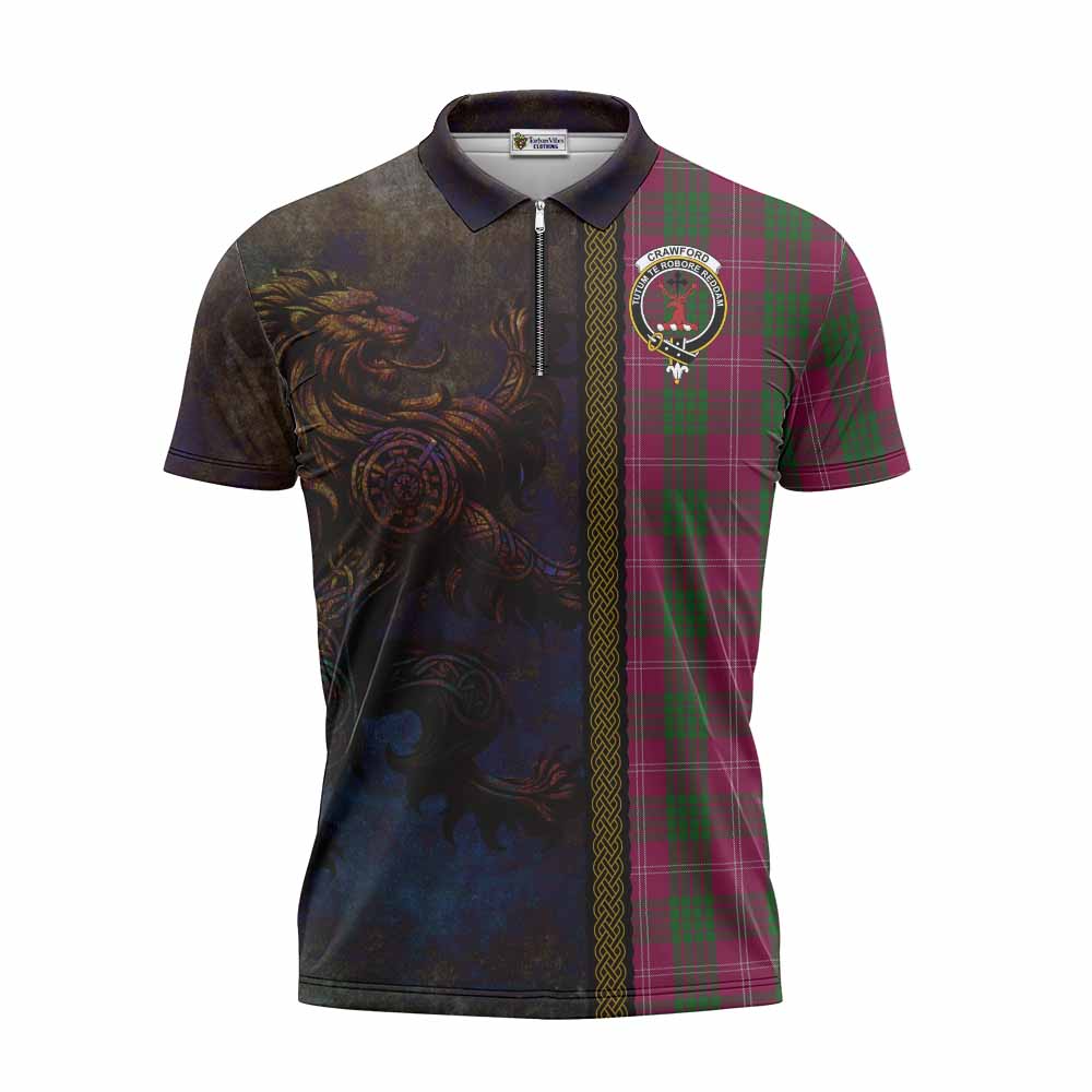 Tartan Vibes Clothing Crawford Tartan Family Crest Zipper Polo Shirt Alba Gu Brath Be Brave Lion Ancient Style