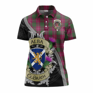 Crawford Tartan Family Crest Women's Polo Shirt Lion Rampant Royal Thistle Shield Celtic Inspired