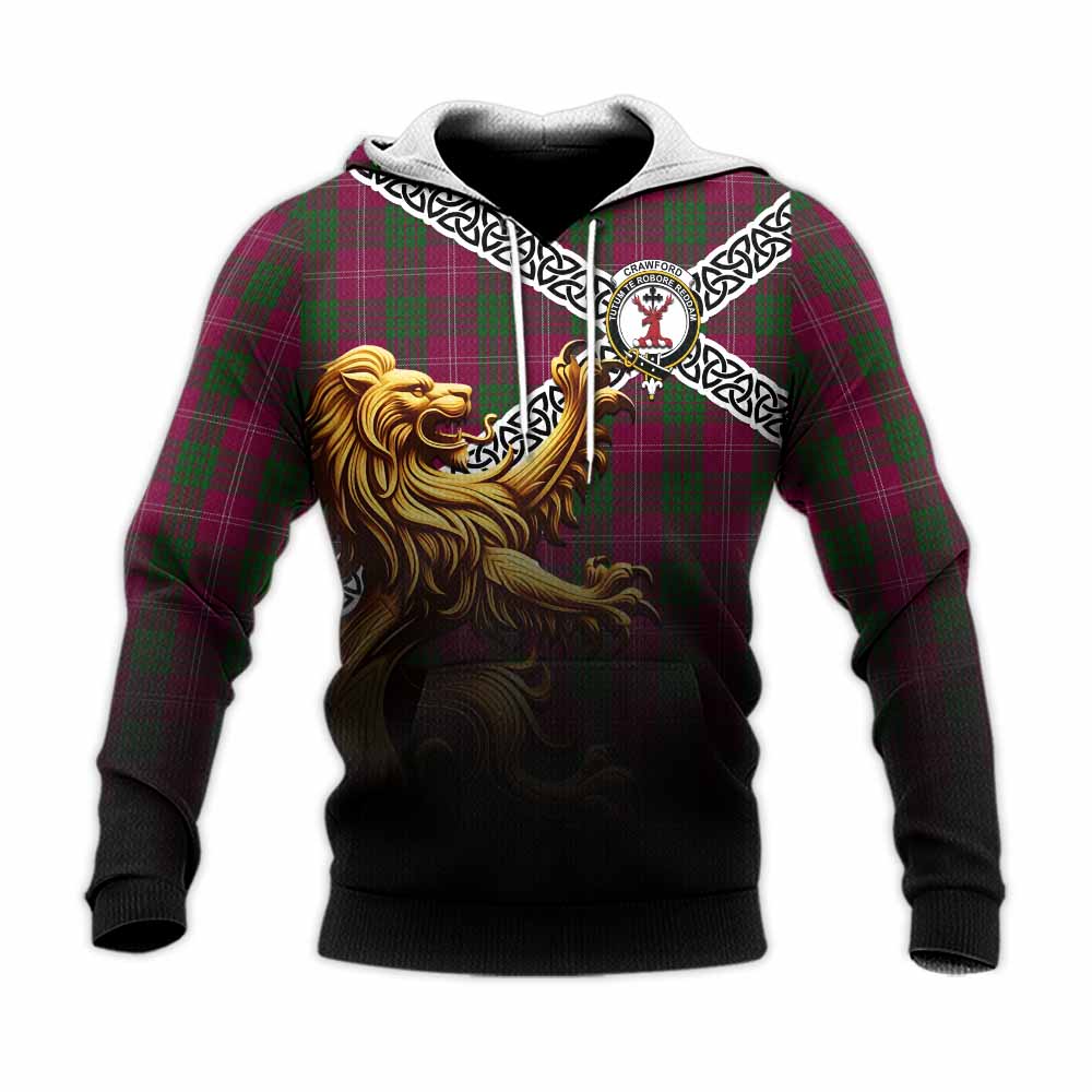 Tartan Vibes Clothing Crawford Crest Tartan Knitted Hoodie with Golden Lion Emblem Celtic Style