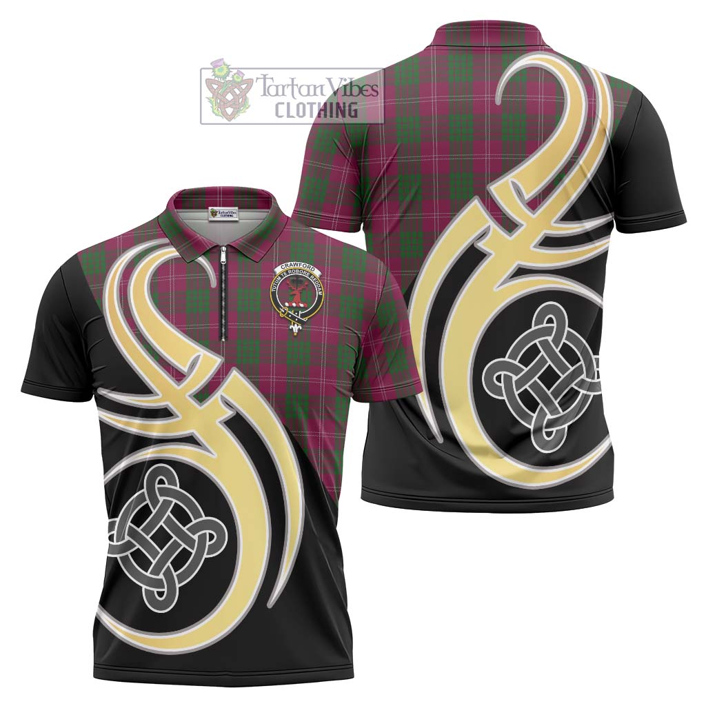 Tartan Vibes Clothing Crawford Tartan Zipper Polo Shirt with Family Crest and Celtic Symbol Style