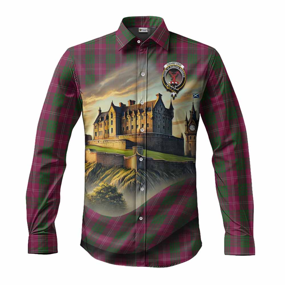 Tartan Vibes Clothing Crawford Tartan Family Crest Long Sleeve Button Shirt with Scottish Ancient Castle Style