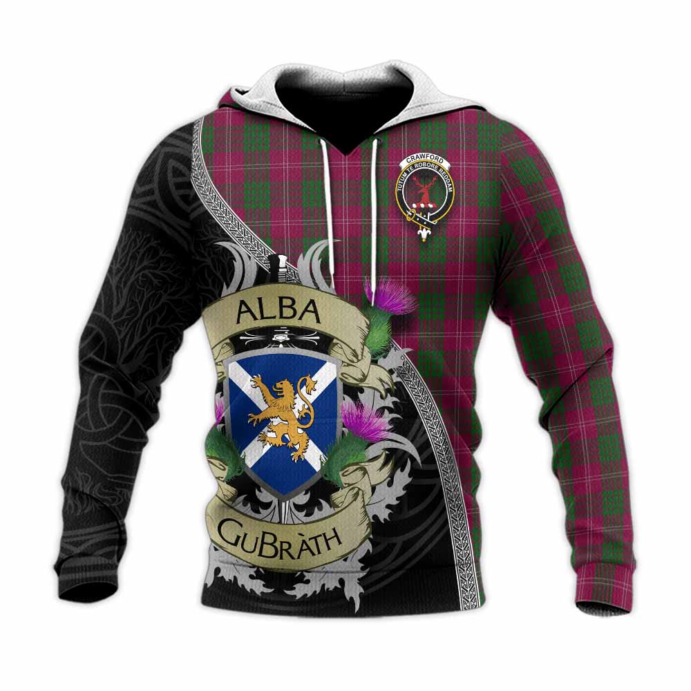 Tartan Vibes Clothing Crawford Tartan Family Crest Knitted Hoodie Lion Rampant Royal Thistle Shield Celtic Inspired