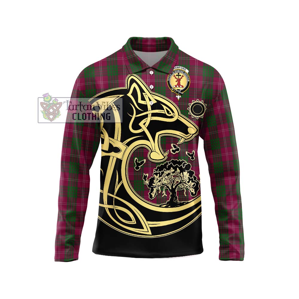 Crawford Tartan Long Sleeve Polo Shirt with Family Crest Celtic Wolf Style Unisex - Tartanvibesclothing Shop