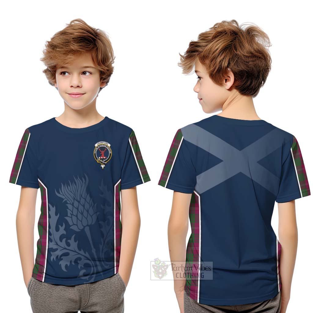 Tartan Vibes Clothing Crawford Tartan Kid T-Shirt with Family Crest and Scottish Thistle Vibes Sport Style