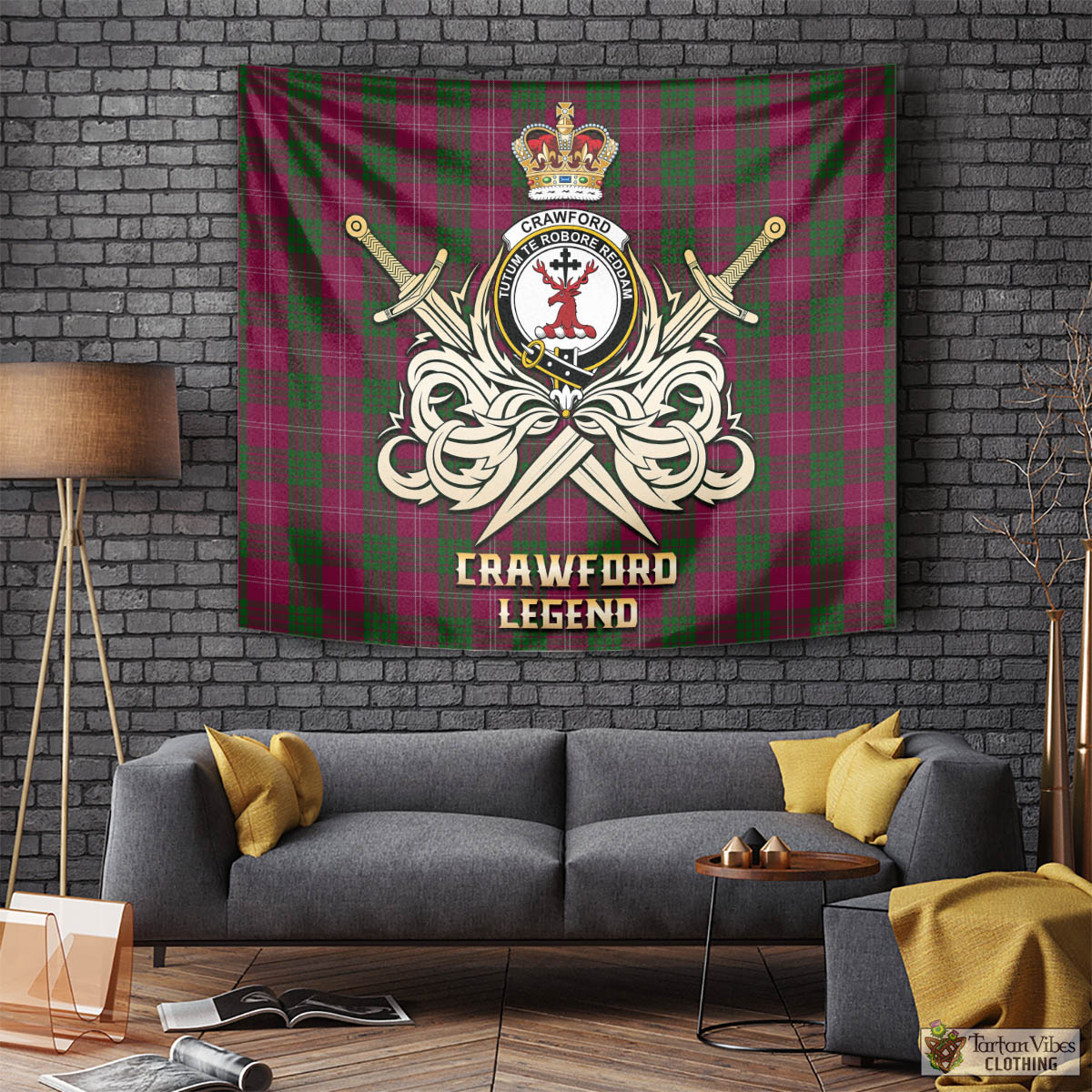 Tartan Vibes Clothing Crawford Tartan Tapestry with Clan Crest and the Golden Sword of Courageous Legacy