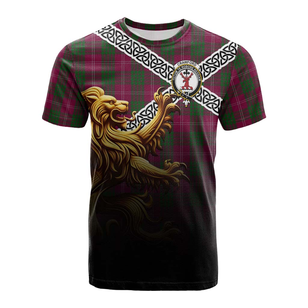 Tartan Vibes Clothing Crawford Crest Tartan Cotton T-shirt with Golden Lion Emblem Celtic Style