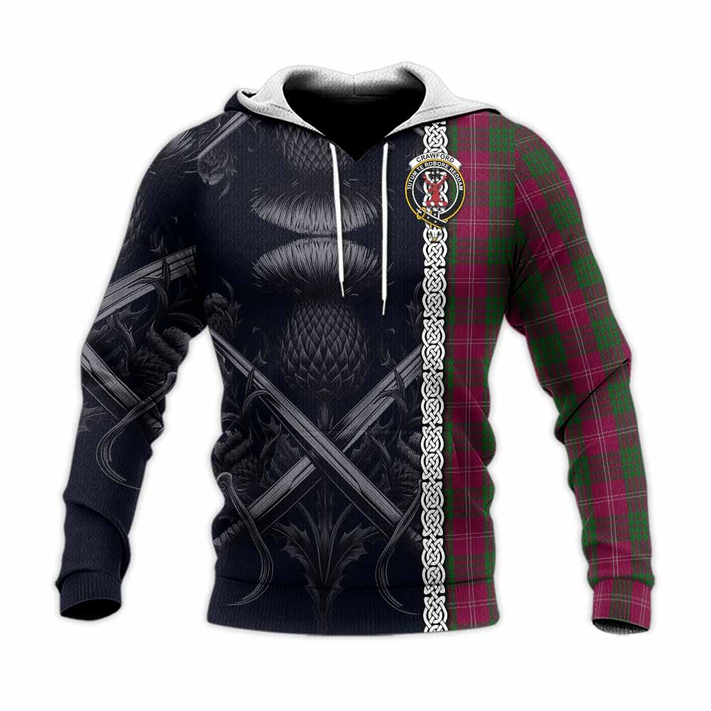 Tartan Vibes Clothing Crawford Tartan Knitted Hoodie with Family Crest Cross Sword Thistle Celtic Vibes