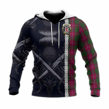 Crawford Tartan Knitted Hoodie with Family Crest Cross Sword Thistle Celtic Vibes