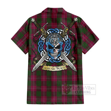 Tartan Vibes Clothing Crawford Tartan Short Sleeve Button Shirt with Family Crest Celtic Skull Style