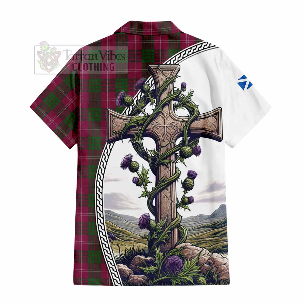 Tartan Vibes Clothing Crawford Tartan Short Sleeve Button Shirt with Family Crest and St. Andrew's Cross Accented by Thistle Vines