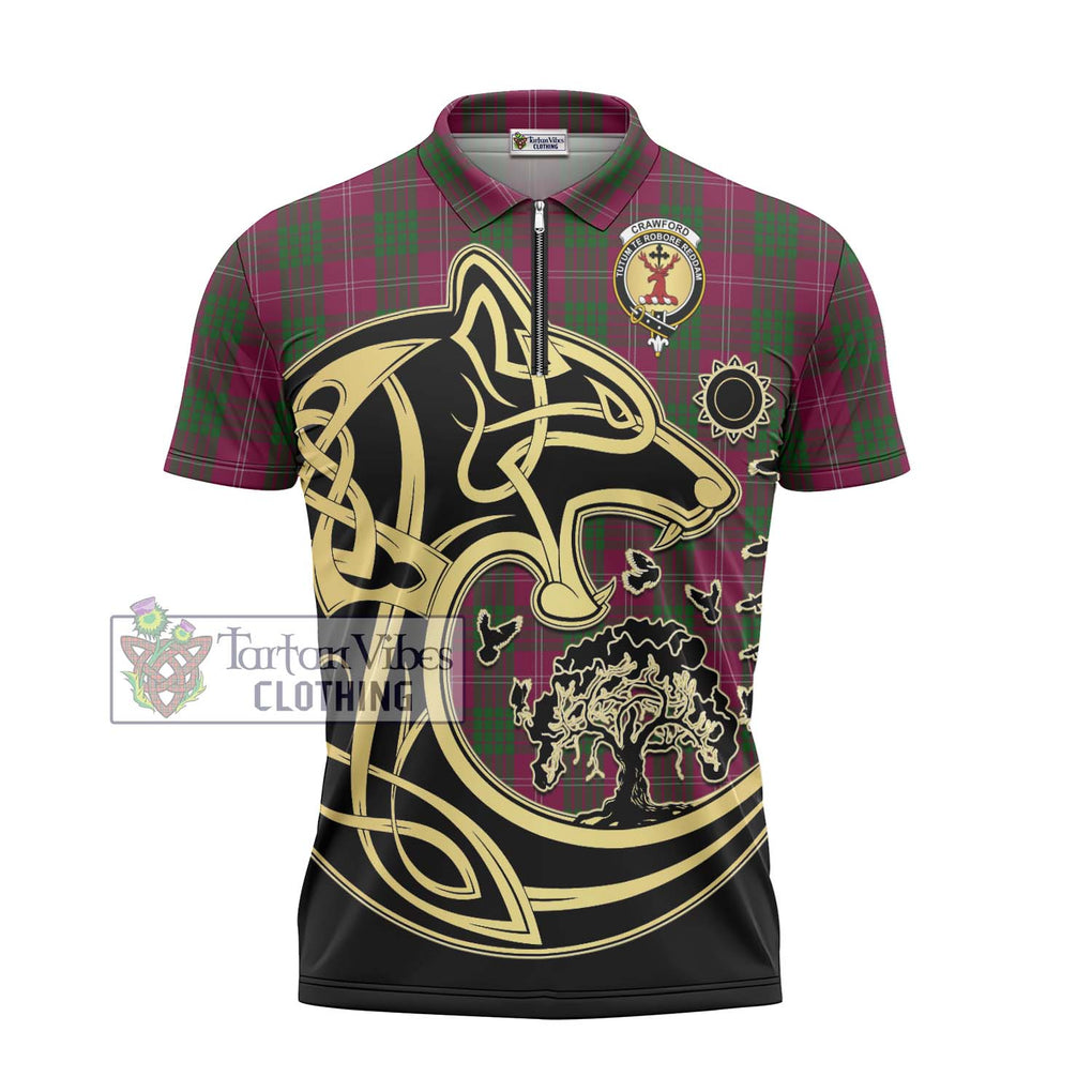 Crawford Tartan Zipper Polo Shirt with Family Crest Celtic Wolf Style - Tartanvibesclothing Shop