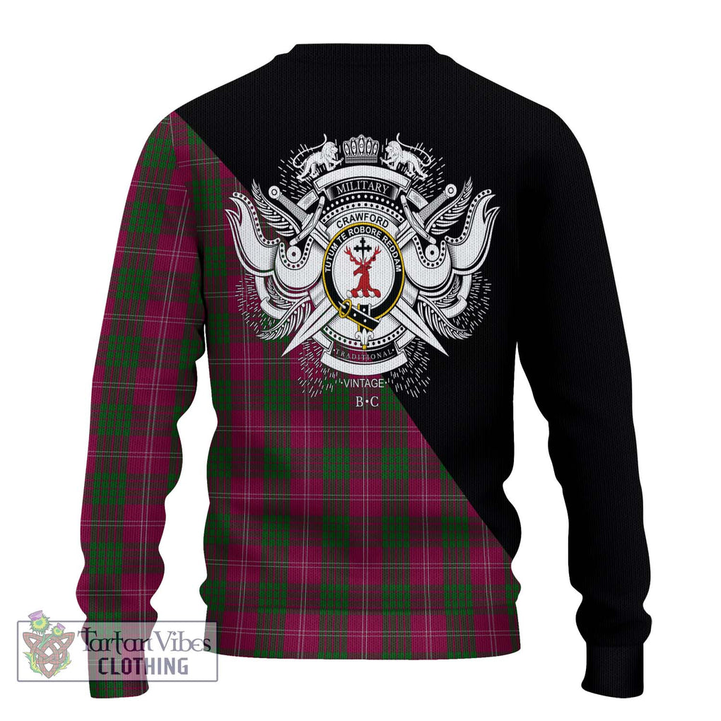 Crawford Tartan Knitted Sweater with Family Crest and Military Logo Style - Tartanvibesclothing Shop