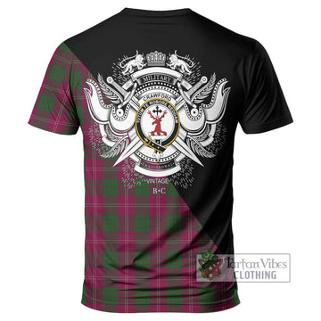 Crawford Tartan T-Shirt with Family Crest and Military Logo Style - Tartanvibesclothing Shop