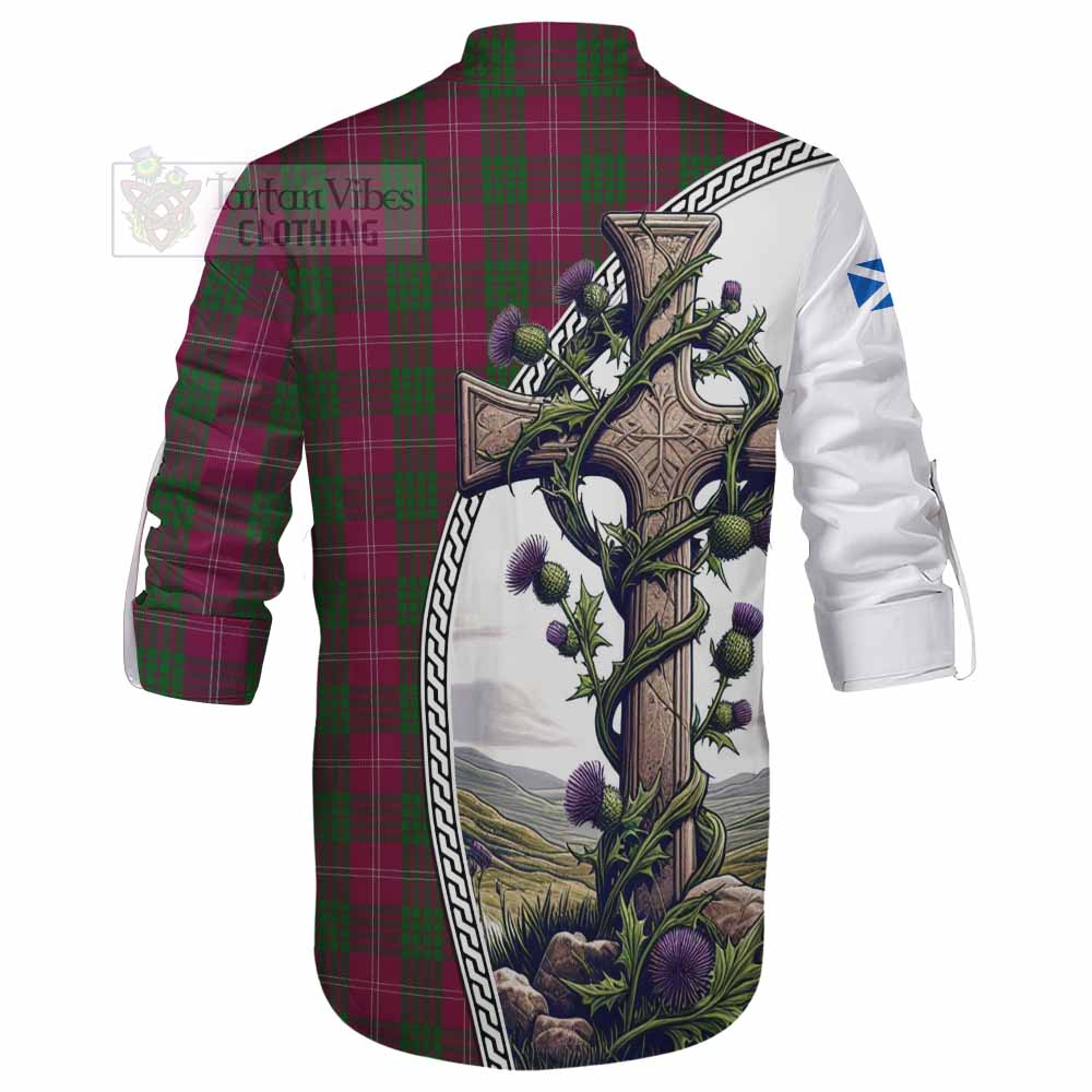 Tartan Vibes Clothing Crawford Tartan Ghillie Kilt Shirt with Family Crest and St. Andrew's Cross Accented by Thistle Vines