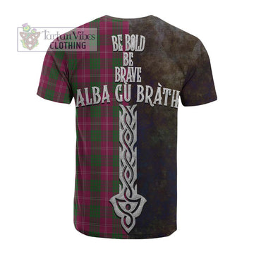Crawford Tartan Family Crest Cotton T-shirt Alba Gu Brath Be Brave Lion Ancient Style