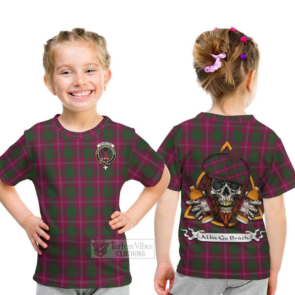 Tartan Vibes Clothing Crawford Tartan Kid T-Shirt with Family Crest and Bearded Skull Holding Bottles of Whiskey
