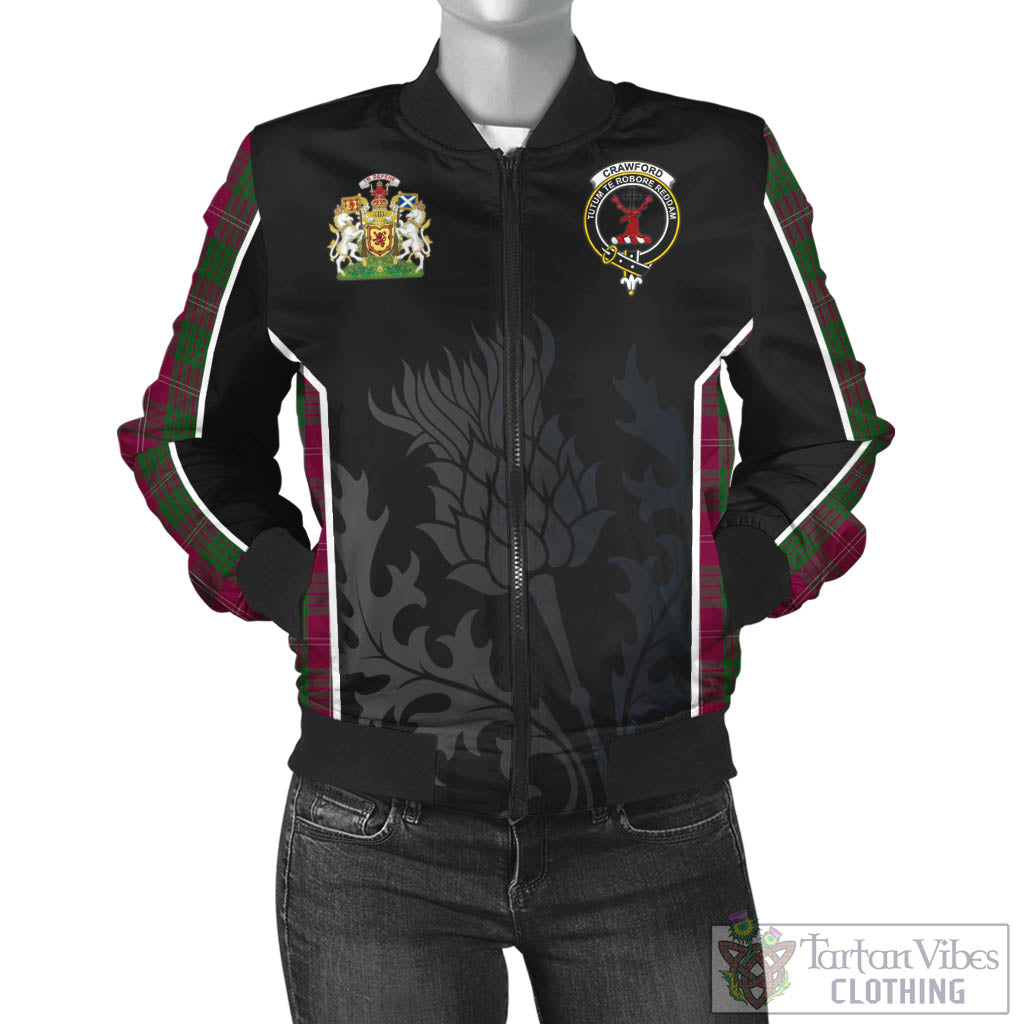 Tartan Vibes Clothing Crawford Tartan Bomber Jacket with Family Crest and Scottish Thistle Vibes Sport Style