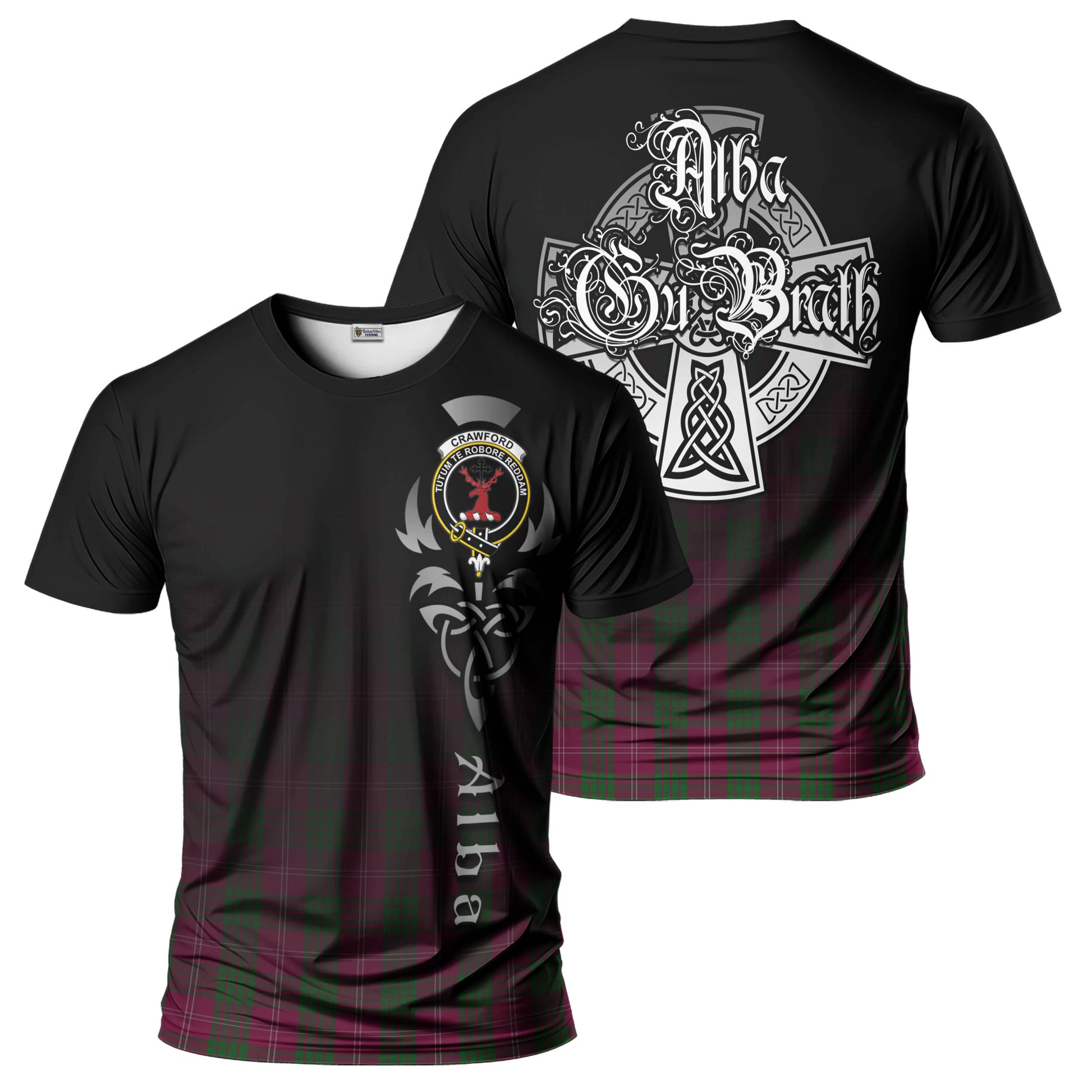 Tartan Vibes Clothing Crawford Tartan T-Shirt Featuring Alba Gu Brath Family Crest Celtic Inspired