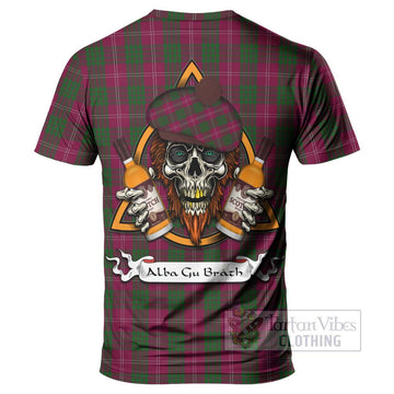 Tartan Vibes Clothing Crawford Tartan T-Shirt with Family Crest and Bearded Skull Holding Bottles of Whiskey