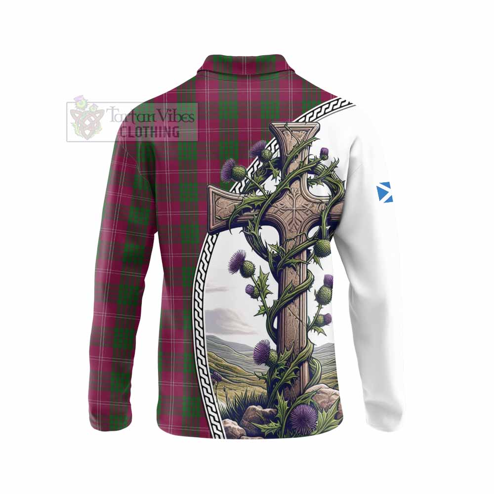 Tartan Vibes Clothing Crawford Tartan Long Sleeve Polo Shirt with Family Crest and St. Andrew's Cross Accented by Thistle Vines
