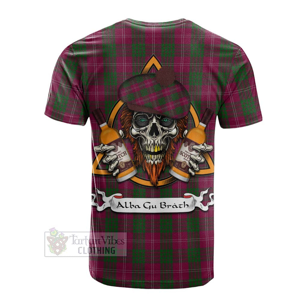 Tartan Vibes Clothing Crawford Tartan Cotton T-shirt with Family Crest and Bearded Skull Holding Bottles of Whiskey