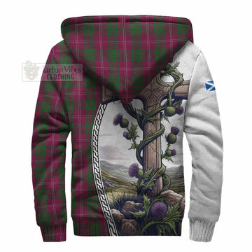 Crawford Tartan Sherpa Hoodie with Family Crest and St. Andrew's Cross Accented by Thistle Vines