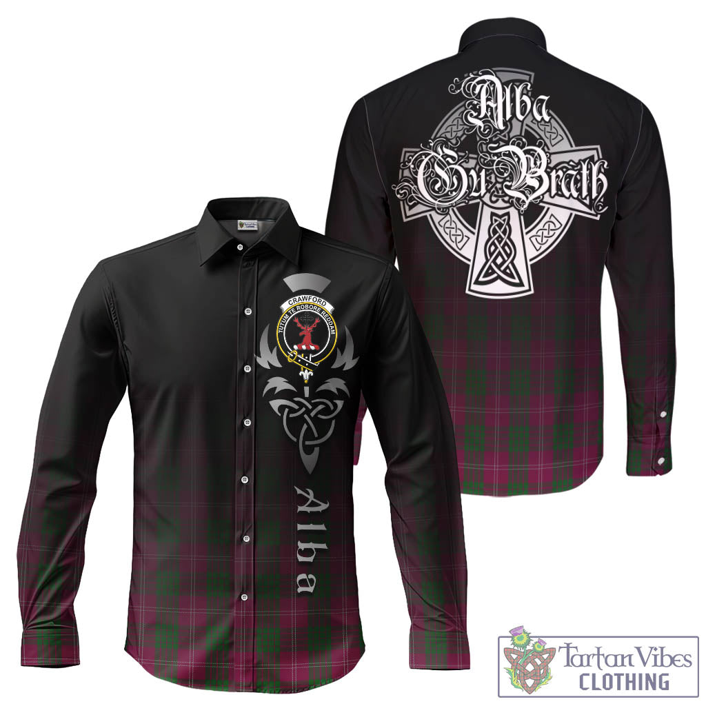 Tartan Vibes Clothing Crawford Tartan Long Sleeve Button Up Featuring Alba Gu Brath Family Crest Celtic Inspired