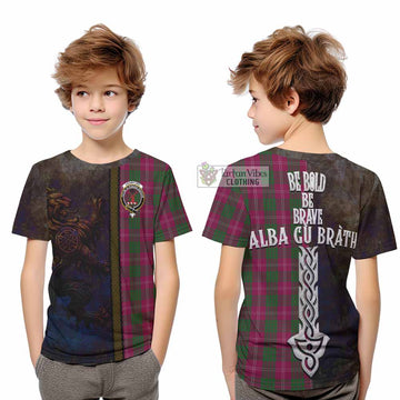 Crawford Tartan Family Crest Kid T-Shirt Alba Gu Brath Be Brave Lion Ancient Style