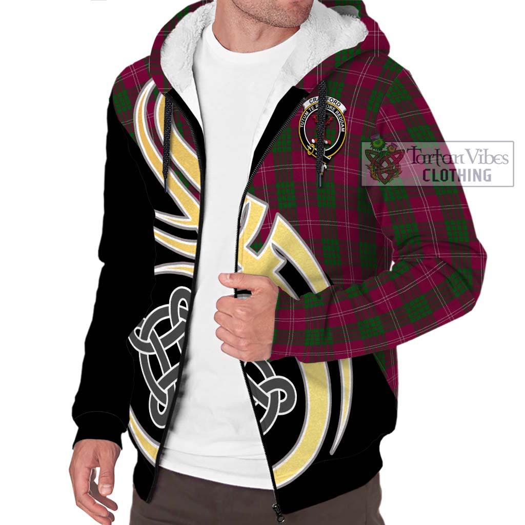 Crawford Tartan Sherpa Hoodie with Family Crest and Celtic Symbol Style - Tartan Vibes Clothing