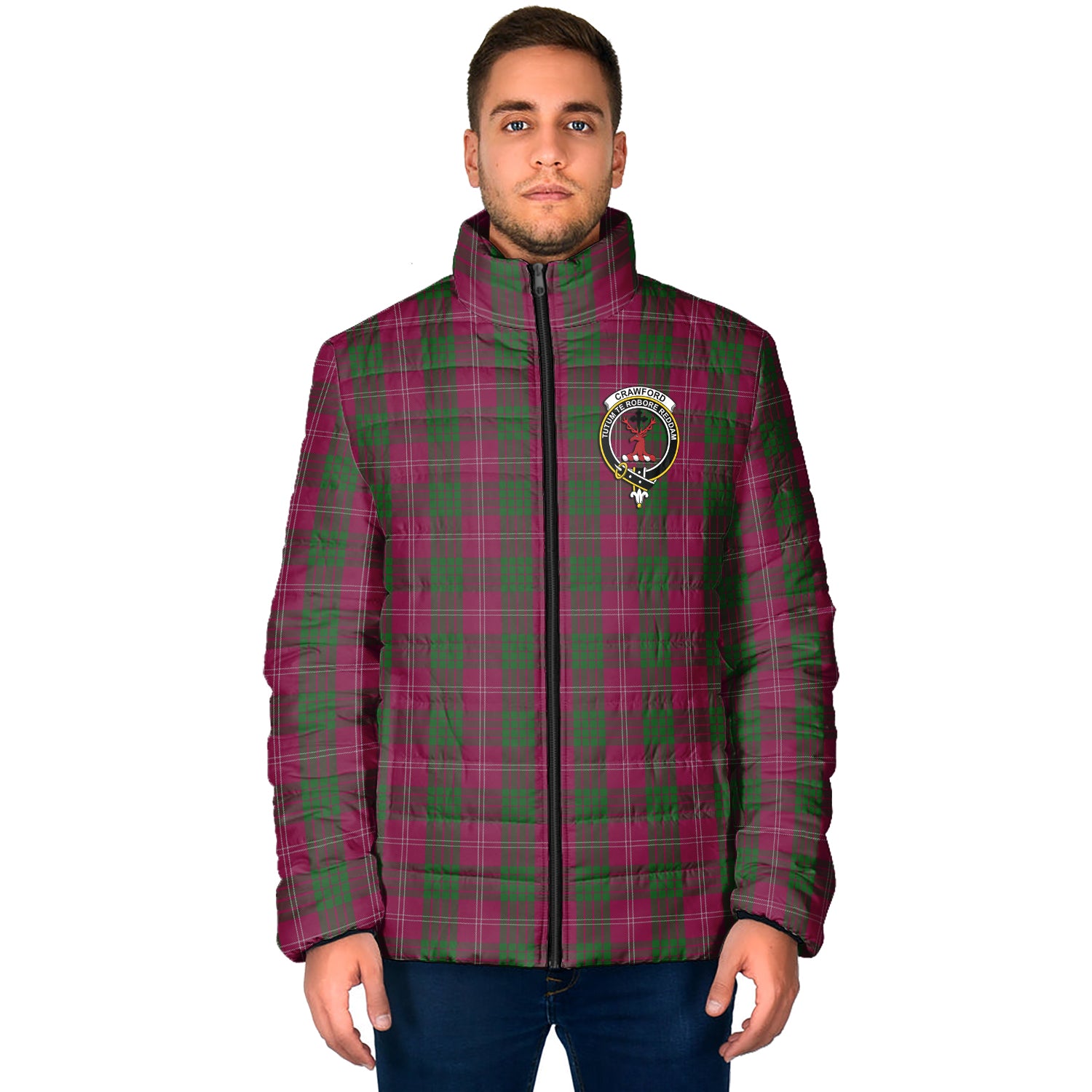 Crawford Tartan Padded Jacket with Family Crest - Tartan Vibes Clothing