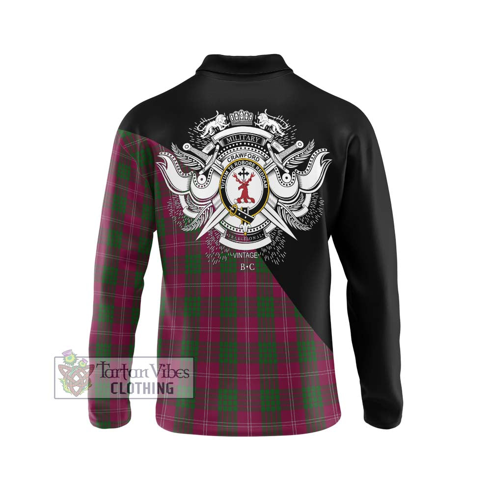 Crawford Tartan Long Sleeve Polo Shirt with Family Crest and Military Logo Style - Tartanvibesclothing Shop