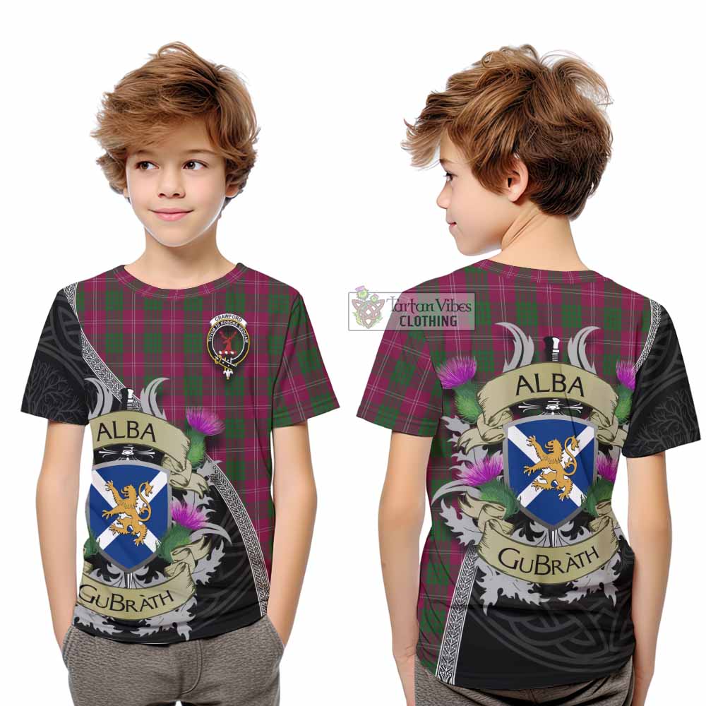 Tartan Vibes Clothing Crawford Tartan Family Crest Kid T-Shirt Lion Rampant Royal Thistle Shield Celtic Inspired