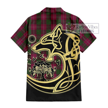 Crawford Tartan Short Sleeve Button Shirt with Family Crest Celtic Wolf Style - Tartan Vibes Clothing