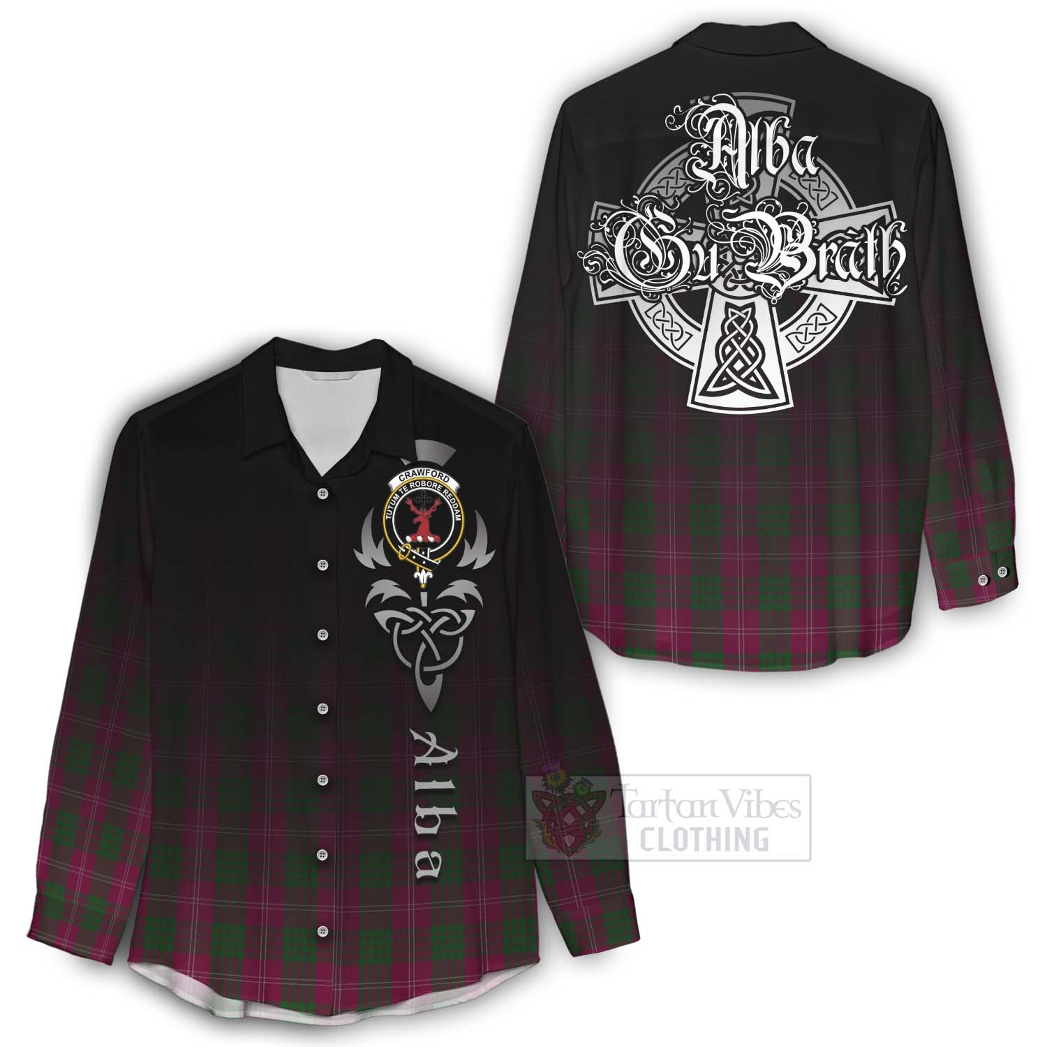 Tartan Vibes Clothing Crawford Tartan Women's Casual Shirt Featuring Alba Gu Brath Family Crest Celtic Inspired