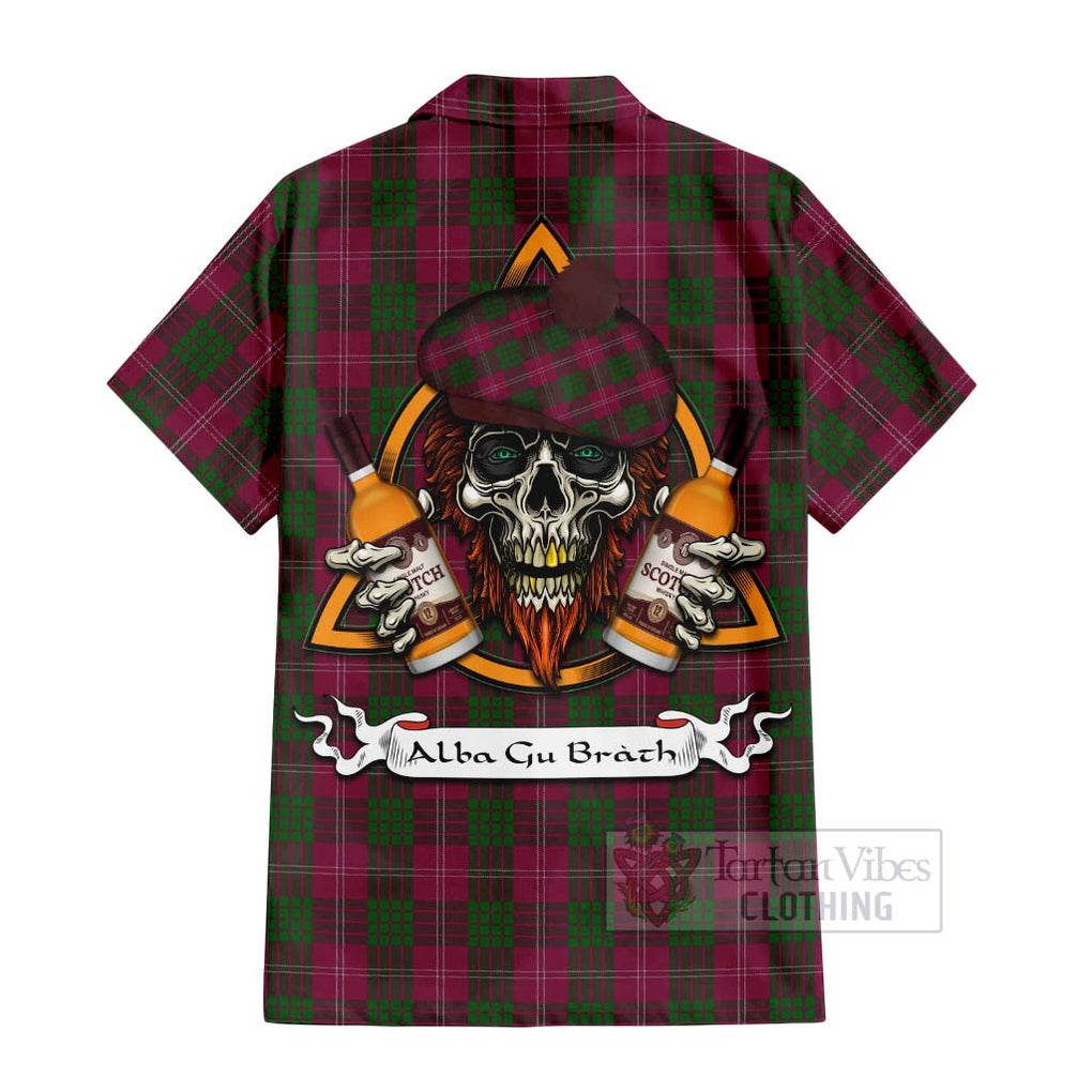 Tartan Vibes Clothing Crawford Tartan Short Sleeve Button Shirt with Family Crest and Bearded Skull Holding Bottles of Whiskey