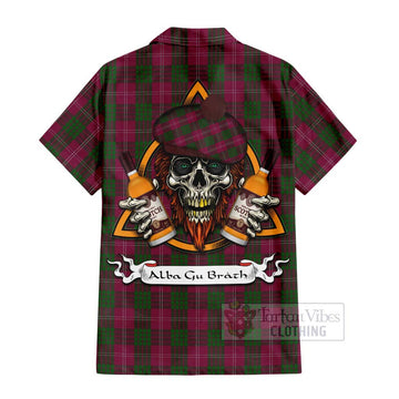 Tartan Vibes Clothing Crawford Tartan Short Sleeve Button Shirt with Family Crest and Bearded Skull Holding Bottles of Whiskey