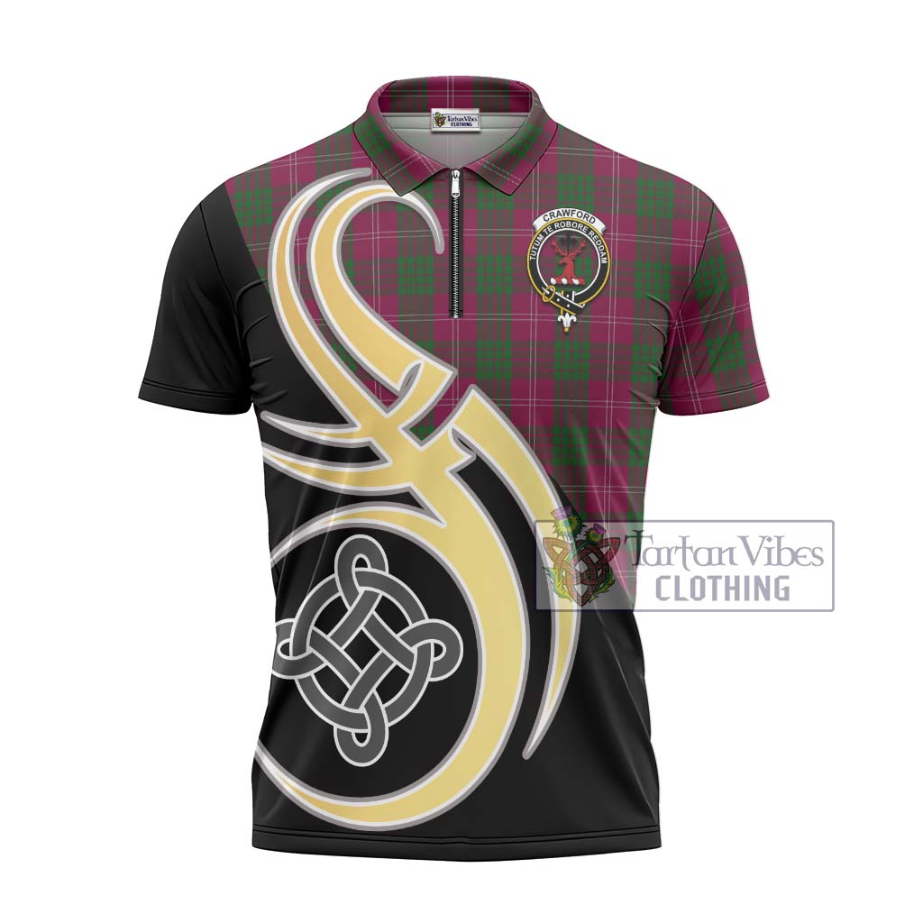 Tartan Vibes Clothing Crawford Tartan Zipper Polo Shirt with Family Crest and Celtic Symbol Style