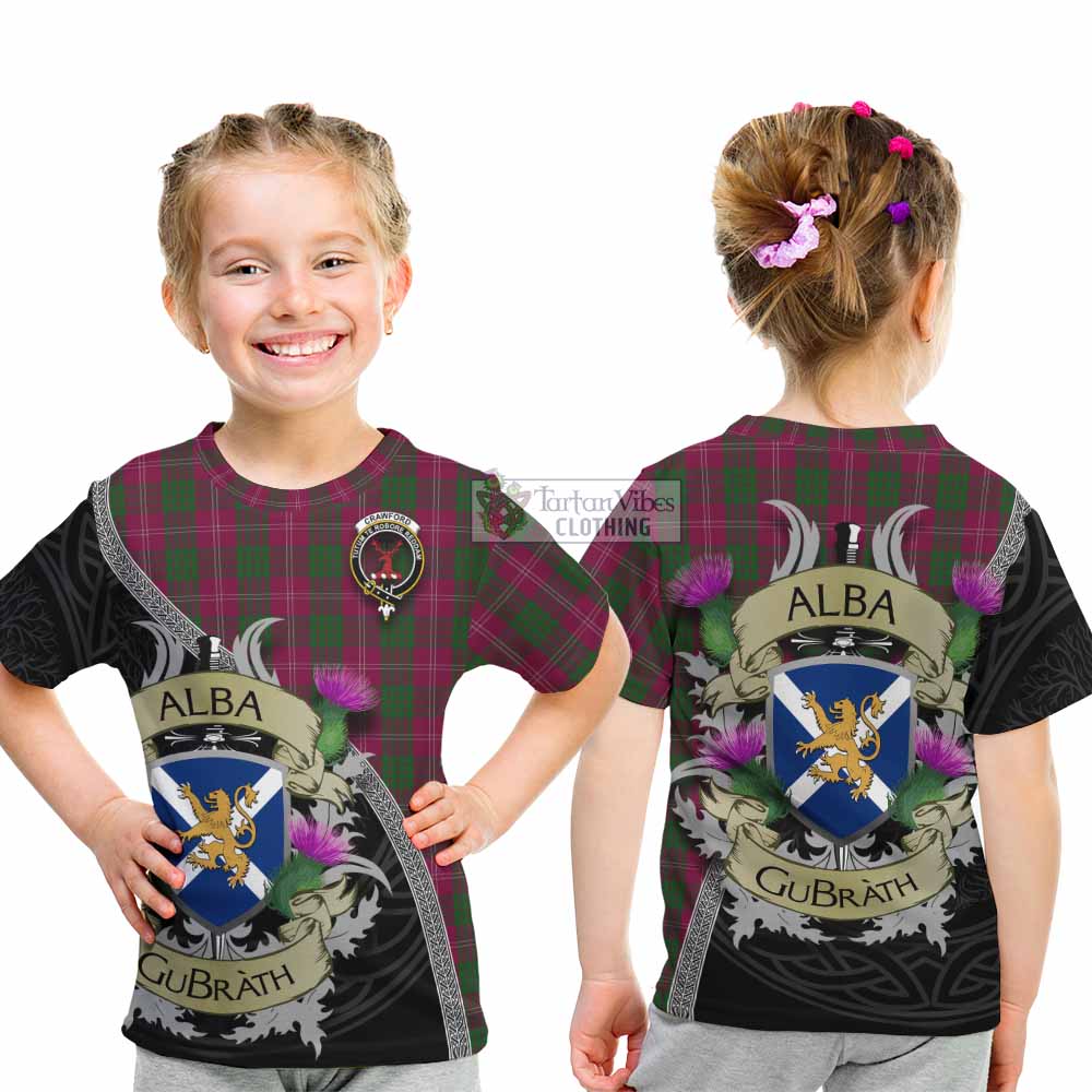 Tartan Vibes Clothing Crawford Tartan Family Crest Kid T-Shirt Lion Rampant Royal Thistle Shield Celtic Inspired