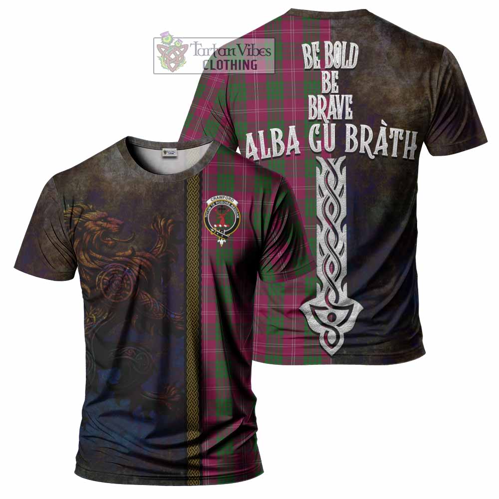 Tartan Vibes Clothing Crawford Tartan Family Crest T-Shirt Alba Gu Brath Be Brave Lion Ancient Style
