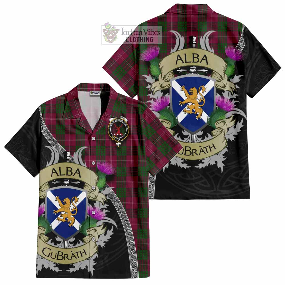 Tartan Vibes Clothing Crawford Tartan Family Crest Short Sleeve Button Shirt Lion Rampant Royal Thistle Shield Celtic Inspired