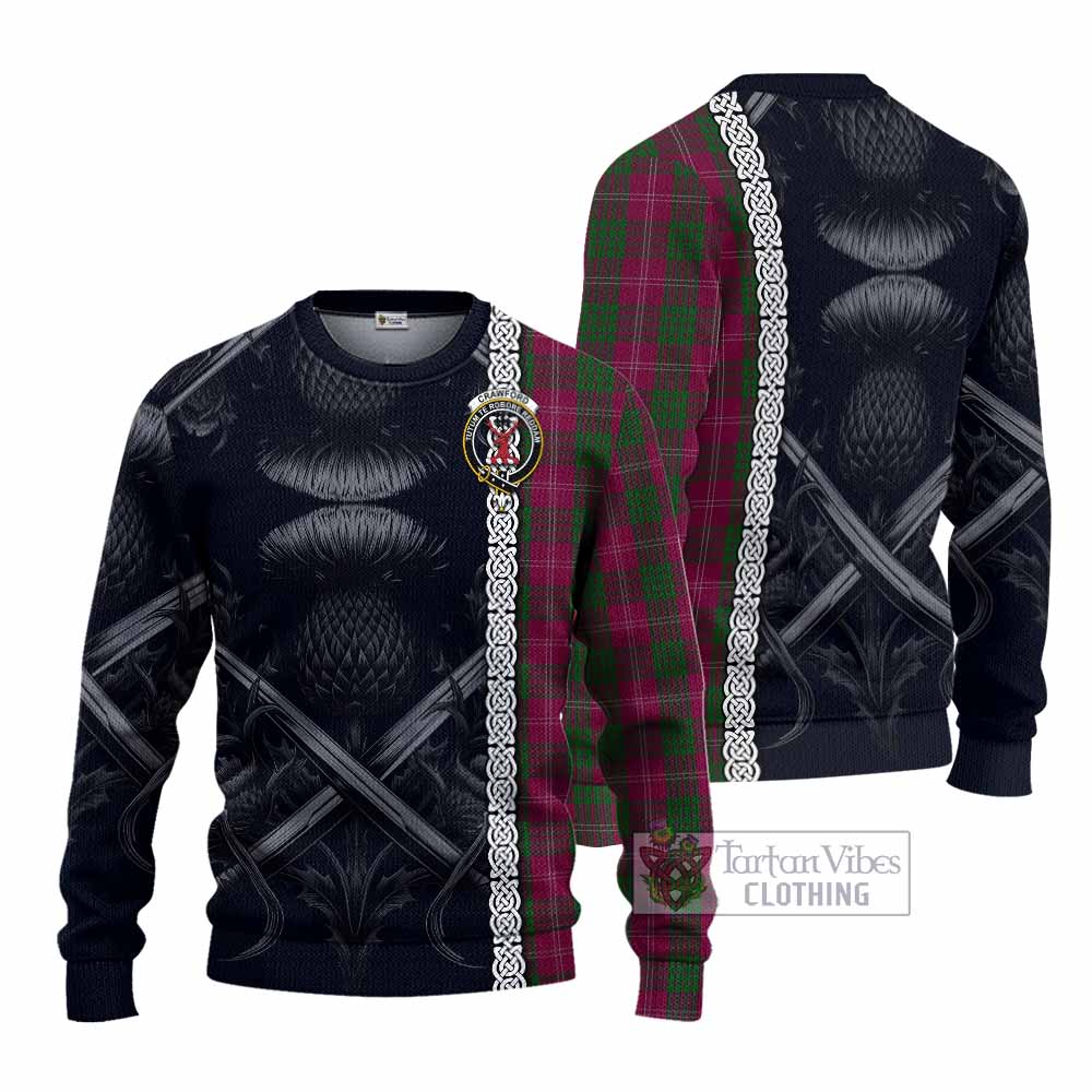 Tartan Vibes Clothing Crawford Tartan Knitted Sweater with Family Crest Cross Sword Thistle Celtic Vibes