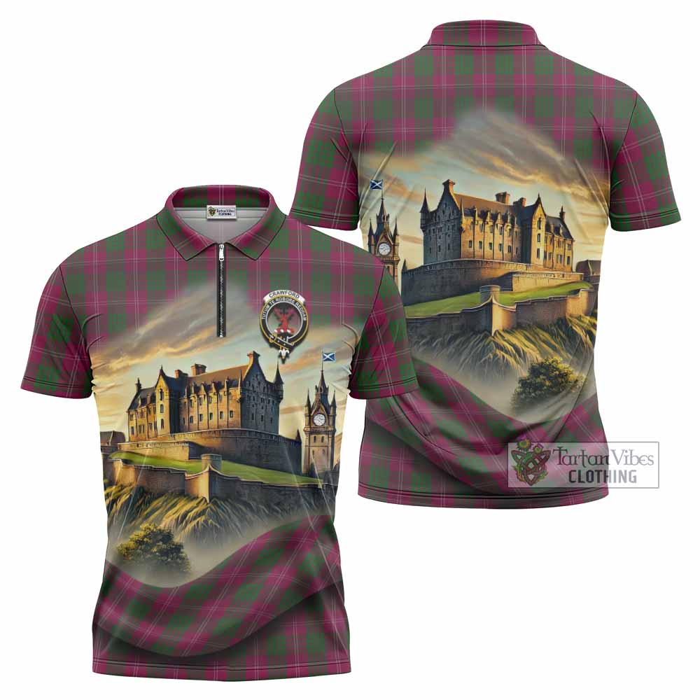Tartan Vibes Clothing Crawford Tartan Family Crest Zipper Polo Shirt with Scottish Ancient Castle Stype