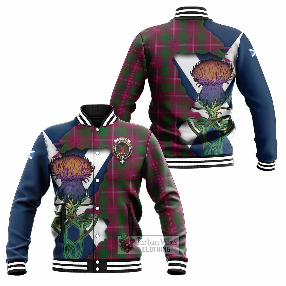 Tartan Vibes Clothing Crawford Tartan Family Crest Baseball Jacket Scottish Thistle Celtic Inspired