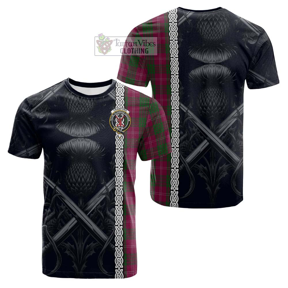Tartan Vibes Clothing Crawford Tartan Cotton T-shirt with Family Crest Cross Sword Thistle Celtic Vibes