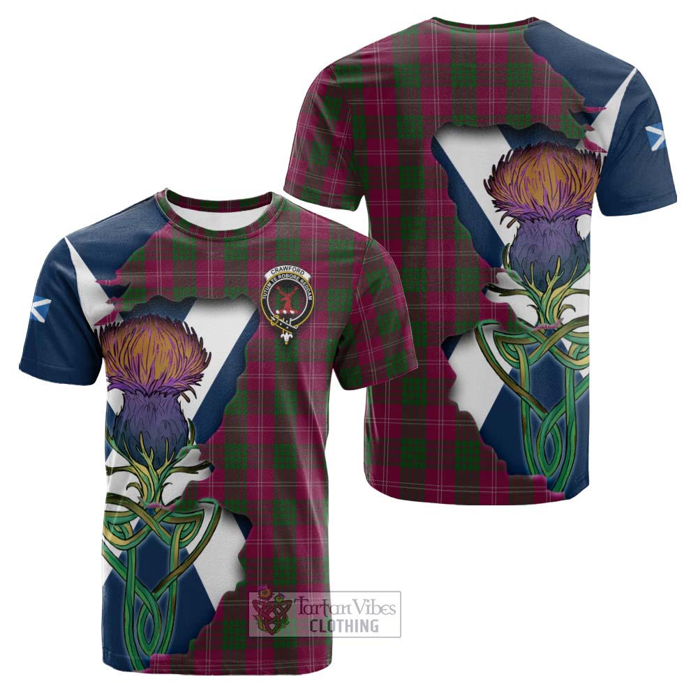 Tartan Vibes Clothing Crawford Tartan Family Crest Cotton T-shirt Scottish Thistle Celtic Inspired