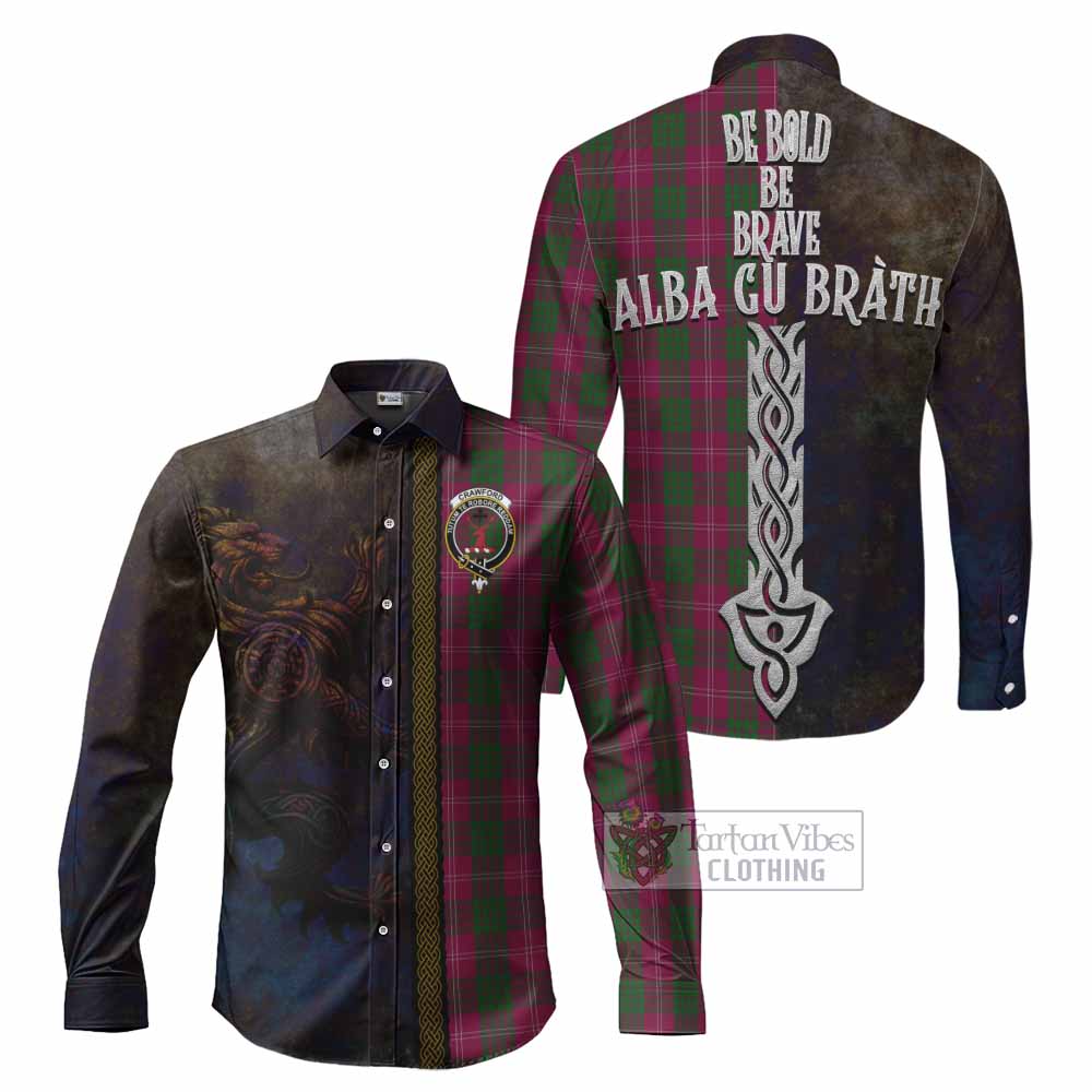 Tartan Vibes Clothing Crawford Tartan Family Crest Long Sleeve Button Shirt Alba Gu Brath Be Brave Lion Ancient Style